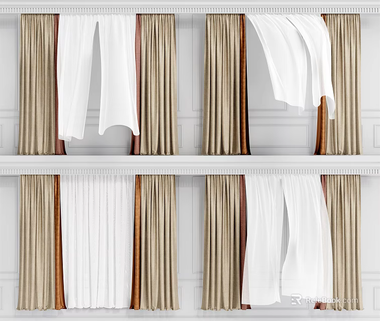 Elegant White And Beige Pleated Curtains With Soft Fabric Hanging On Window Frame 3d model 