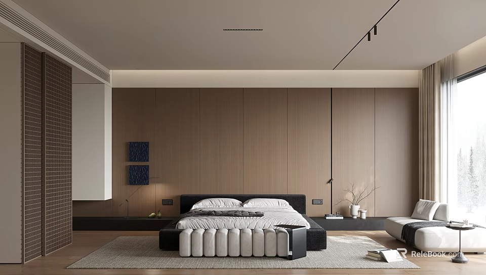 Modern Bedroom Interior With Wooden Panel Walls Platform Bed And Neutral Area Rug 3d model 