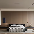Modern Bedroom Interior With Wooden Panel Walls Platform Bed And Neutral Area Rug