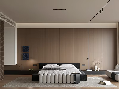 Modern Bedroom Interior With Wooden Panel Walls Platform Bed And Neutral Area Rug 3d model