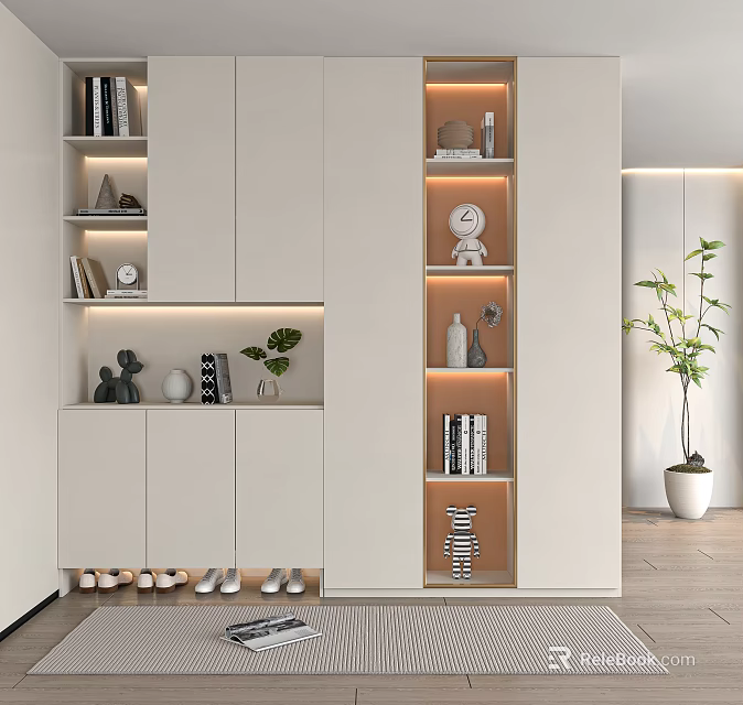 Modern Shoe Cabinet With Open Shelves Storage And Decorative Items Stylish Lighting Design 3d model 