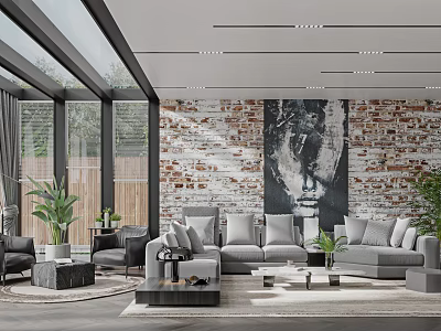 Modern Living Room Interior With Brick Wall Abstract Portrait Gray Sofa And Glass Windows 3d model