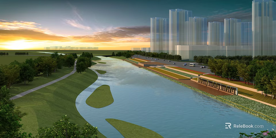 Urban Waterfront Landscape With Scenic River Green Banks And Tall Buildings At Sunset 3d model 