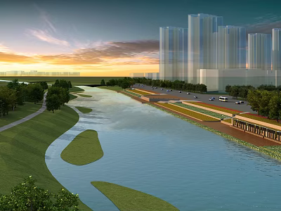 Urban Waterfront Landscape With Scenic River Green Banks And Tall Buildings At Sunset 3d model
