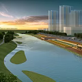 Urban Waterfront Landscape With Scenic River Green Banks And Tall Buildings At Sunset
