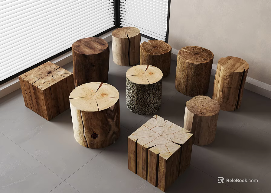 Multiple Natural Wooden Stools With Various Stump And Square Designs For Home Decor 3d model 