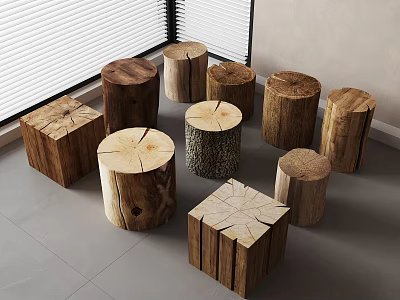 Multiple Natural Wooden Stools With Various Stump And Square Designs For Home Decor 3d model