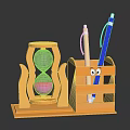 Wooden Desktop Hourglass with Pink Sand and Pen Stand Featuring Eye Design and Pens