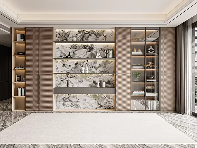 Elegant Modern Bookcase Interior Design With Marble Decor Glass Doors And Storage Spaces 3d model