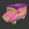 Colorful Cartoon Toy Bus With Pink Body Purple Roof And Blue Yellow Stripes