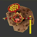 Yellow And Red Hamburger Themed Robot Figure Standing On Rock Platform Holding Yellow Object
