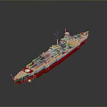 Detailed 3D Warship Model With Turrets Mast And Red Bottom Hull