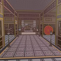 Ancient Architecture Interior With Traditional Wooden Furniture Carved Windows And Decorative Paintings