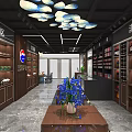 Modern Tobacco and Alcohol Store Interior with Shelves Display Cabinets and Chinese Style Decoration