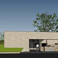 Contemporary Sales Office Building With Stone Facade Triangular Roof Water Fountain And Trees
