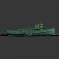 3D Green Water Transport Boat Model With Deck Cabin On Blue Marine Terrain