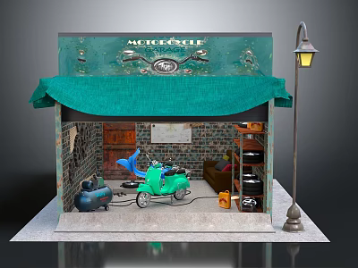Vintage Motorcycle Shop Building With Green Awning Brick Wall And Street Lamp 3d model