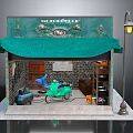 Vintage Motorcycle Shop Building With Green Awning Brick Wall And Street Lamp