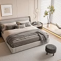 Modern Minimalist Bedroom Grey Double Bed Upholstered Headboard Bedding Pillows Blanket Nightstand Plant Chair