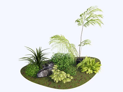 3D Rendered Green Plants Landscape With Ferns Palm and Stone in Circular Area 3d model