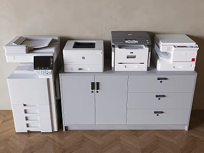 Modern Office Appliances With Printers And Multifunction Devices On Storage Cabinets 3d model