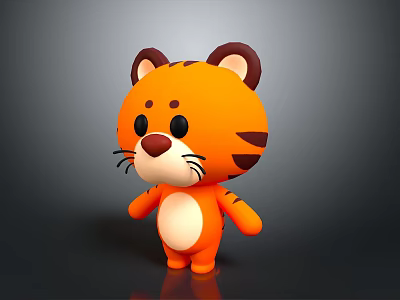 Cute 3D Cartoon Tiger With Orange Body Black Stripes White Belly And Brown Ears 3d model