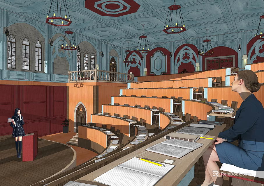 School Auditorium Interior Design With Stage Seats Chandeliers And Arched Windows 3d model 