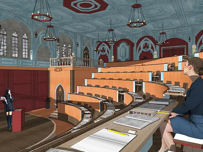 School Auditorium Interior Design With Stage Seats Chandeliers And Arched Windows 3d model