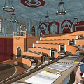 School Auditorium Interior Design With Stage Seats Chandeliers And Arched Windows