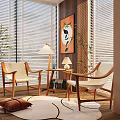 Modern Elegant Reception Room Interior With Wooden Armchairs Table Lamps And Wall Art