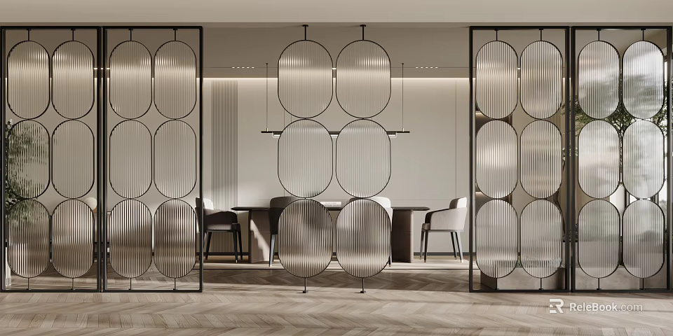 Modern Room Divider Design With Metal Frame And Circular Glass Panels In Interior Space 3d model 