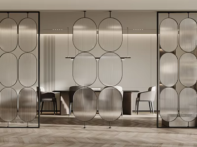 Modern Room Divider Design With Metal Frame And Circular Glass Panels In Interior Space 3d model