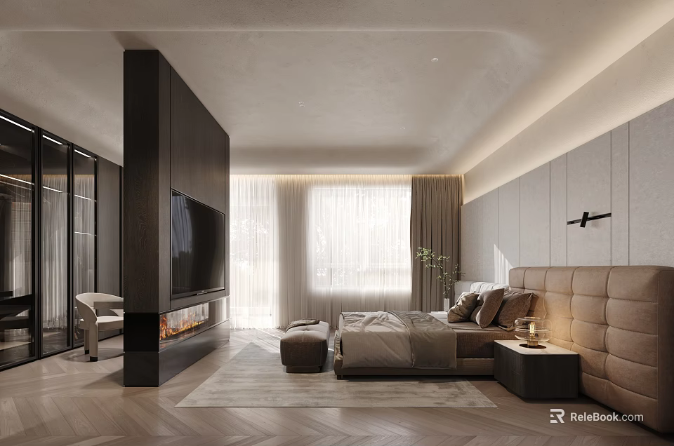 Modern Bedroom Interior with Beige Upholstered Headboard Herringbone Wood Flooring Black TV Wall and Fireplace 3d model 