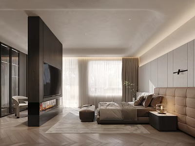 Modern Bedroom Interior with Beige Upholstered Headboard Herringbone Wood Flooring Black TV Wall and Fireplace 3d model