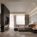 Modern Bedroom Interior with Beige Upholstered Headboard Herringbone Wood Flooring Black TV Wall and Fireplace