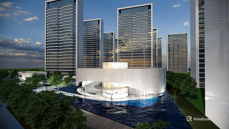 Modern High Rise Residential Building With Water Feature Lush Greenery And Circular Center 3d model 