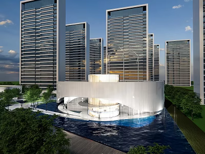 Modern High Rise Residential Building With Water Feature Lush Greenery And Circular Center 3d model