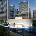 Modern High Rise Residential Building With Water Feature Lush Greenery And Circular Center