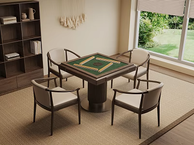 Entertainment Table With Four Chairs And Checkerboard Top In Indoor Area With Window Greenery 3d model