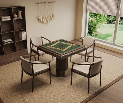 Entertainment Table With Four Chairs And Checkerboard Top In Indoor Area With Window Greenery 3d model