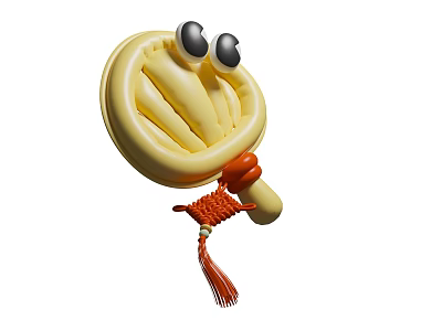 Cute Yellow Cartoon Rattle Toy With Big Black Eyes Red Tassel And Knotted Rope 3d model