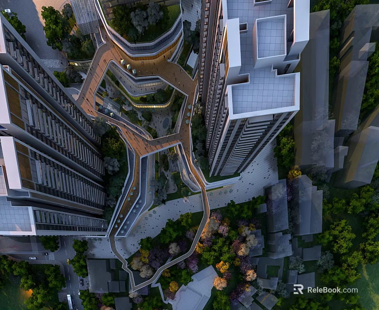 Aerial View of Modern Urban Architecture With Tall Buildings Curved Walkways and Greenery 3d model 