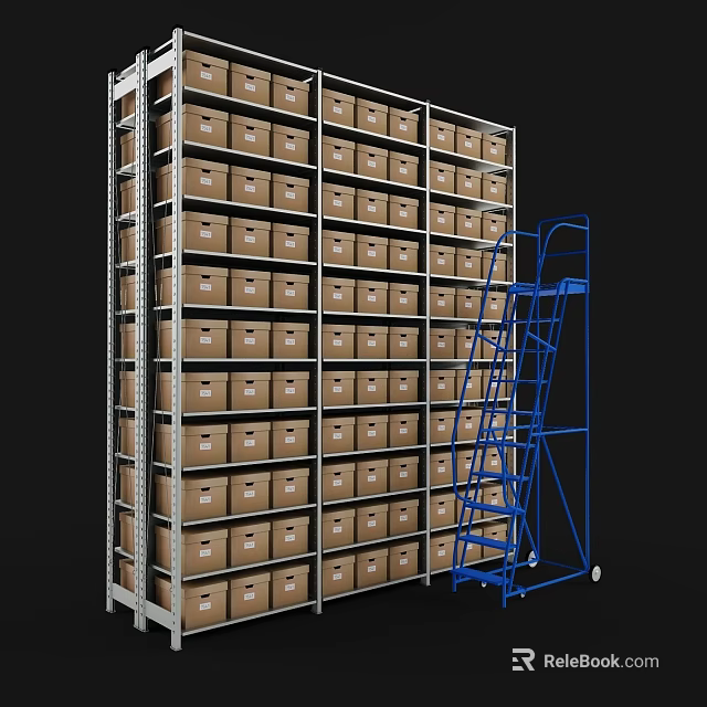 Metal Display Shelves With Multiple Layers Filled With Boxes And Blue Ladder 3d model