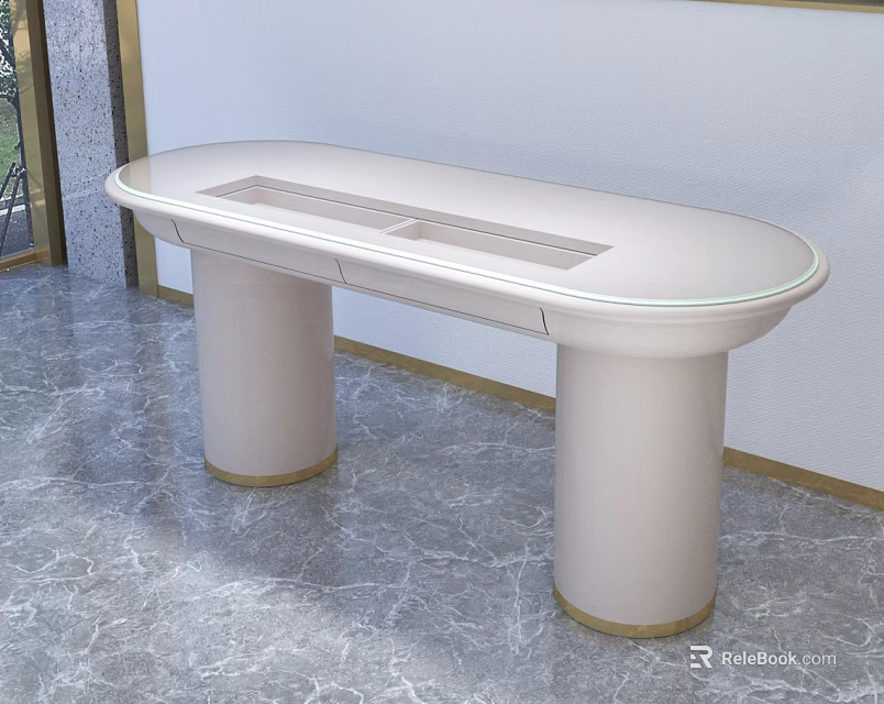 Modern Functional Desk With Oval Glass Top Storage Slot And Cylindrical Legs 3d model 