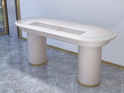 Modern Functional Desk With Oval Glass Top Storage Slot And Cylindrical Legs 3d model