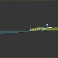 Cartoon Scene With Green Hills Blue High Rise Building White Buildings Beach And Sailboat