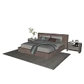 Modern Upholstered Double Bed with Bedside Tables Pillows Blanket Vase and Lamp on Rug