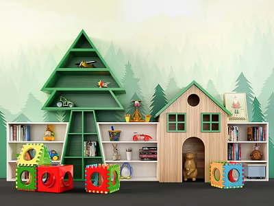 Tree Shaped and House Shaped Bookcases in Kids Room Interior With Toys and Forest Background 3d model