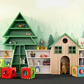 Tree Shaped and House Shaped Bookcases in Kids Room Interior With Toys and Forest Background