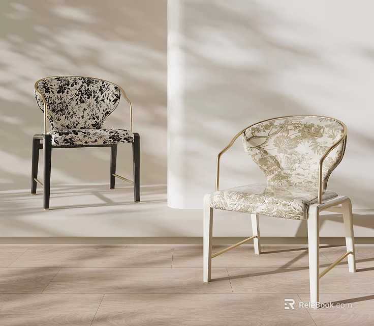 Modern Floral Print Upholstered Dining Chairs With Golden Metal Accents For Luxury Home Dining Space 3d model 